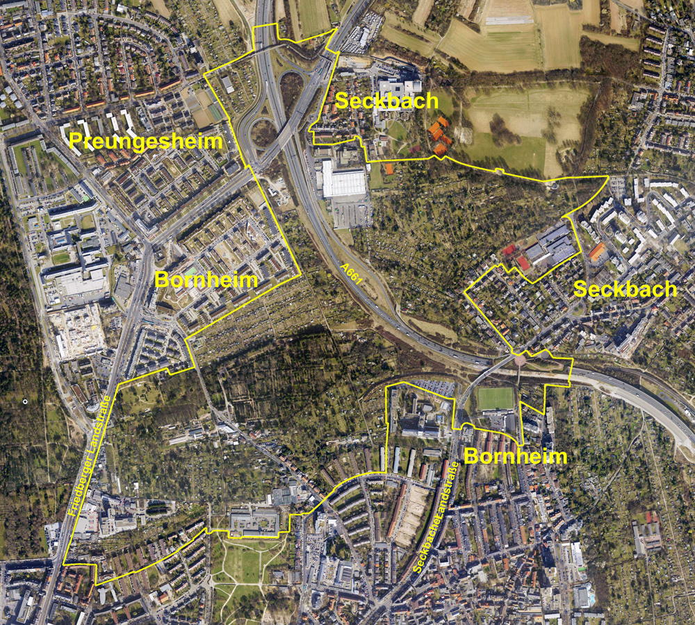 Area studied: Ernst May District, © City of Frankfurt Planning Dept., map based on: aerial photo courtesy of City of Frankfurt Survey Office