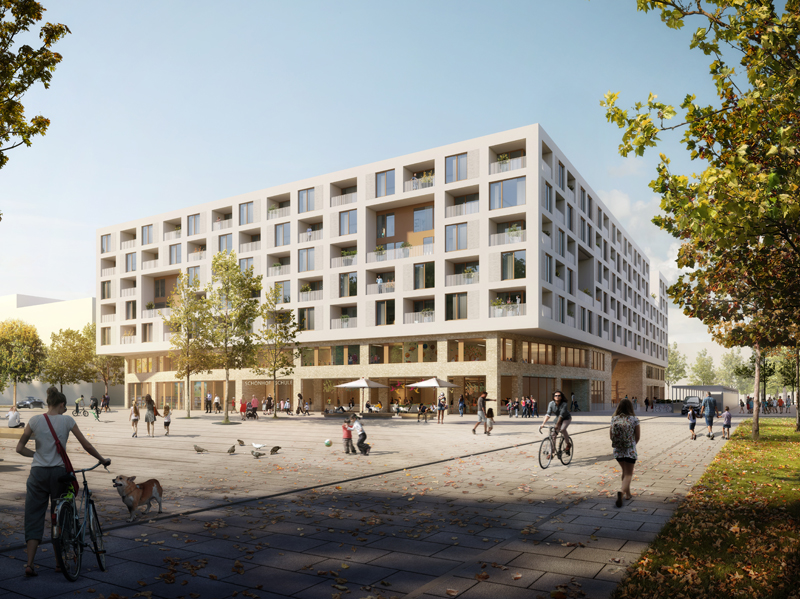 Primary school and apartments. On behalf of Nassauische Heimstätte, Stuttgart-based Ackermann + Raff have designed the structures for Site A south of the central plaza. Rendering: moka-studio
