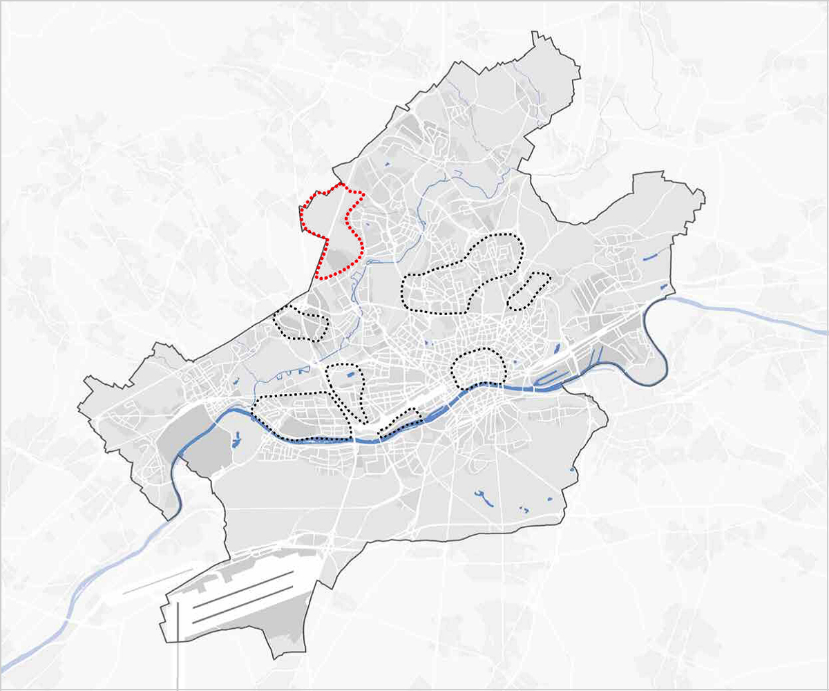 Marked red: The area investigated in northwest Frankfurt, © City of Frankfurt Planning Dept.