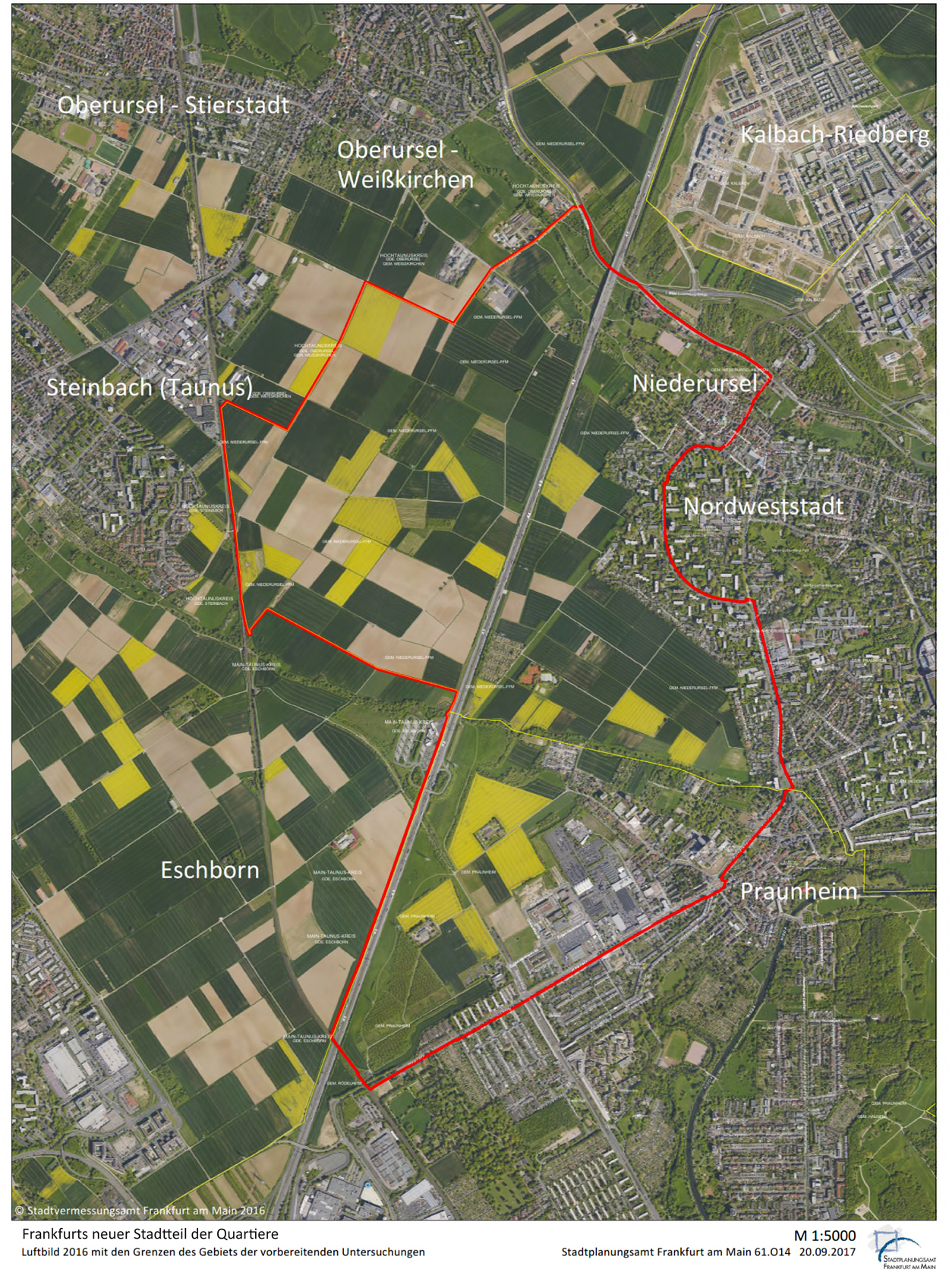 Aerial photo 2016 with the borders of the area covered by the preparatory investigation, © City of Frankfurt Planning Dept.; aerial photo: City of Frankfurt Survey Dept.