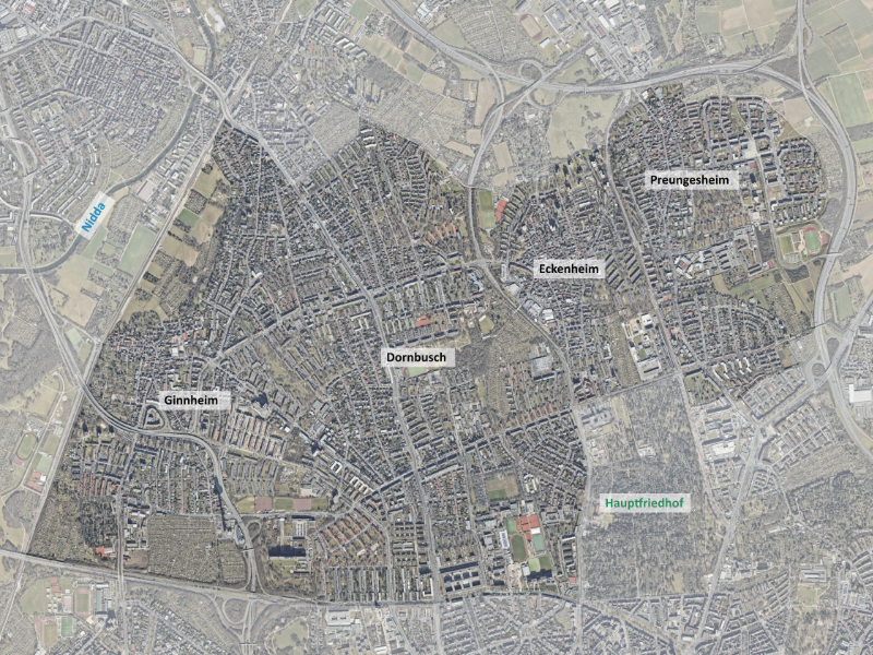 Geographical scope of the Mid-North focus area, © City of Frankfurt Planning Department, basis of map: City of Frankfurt Surveying Department