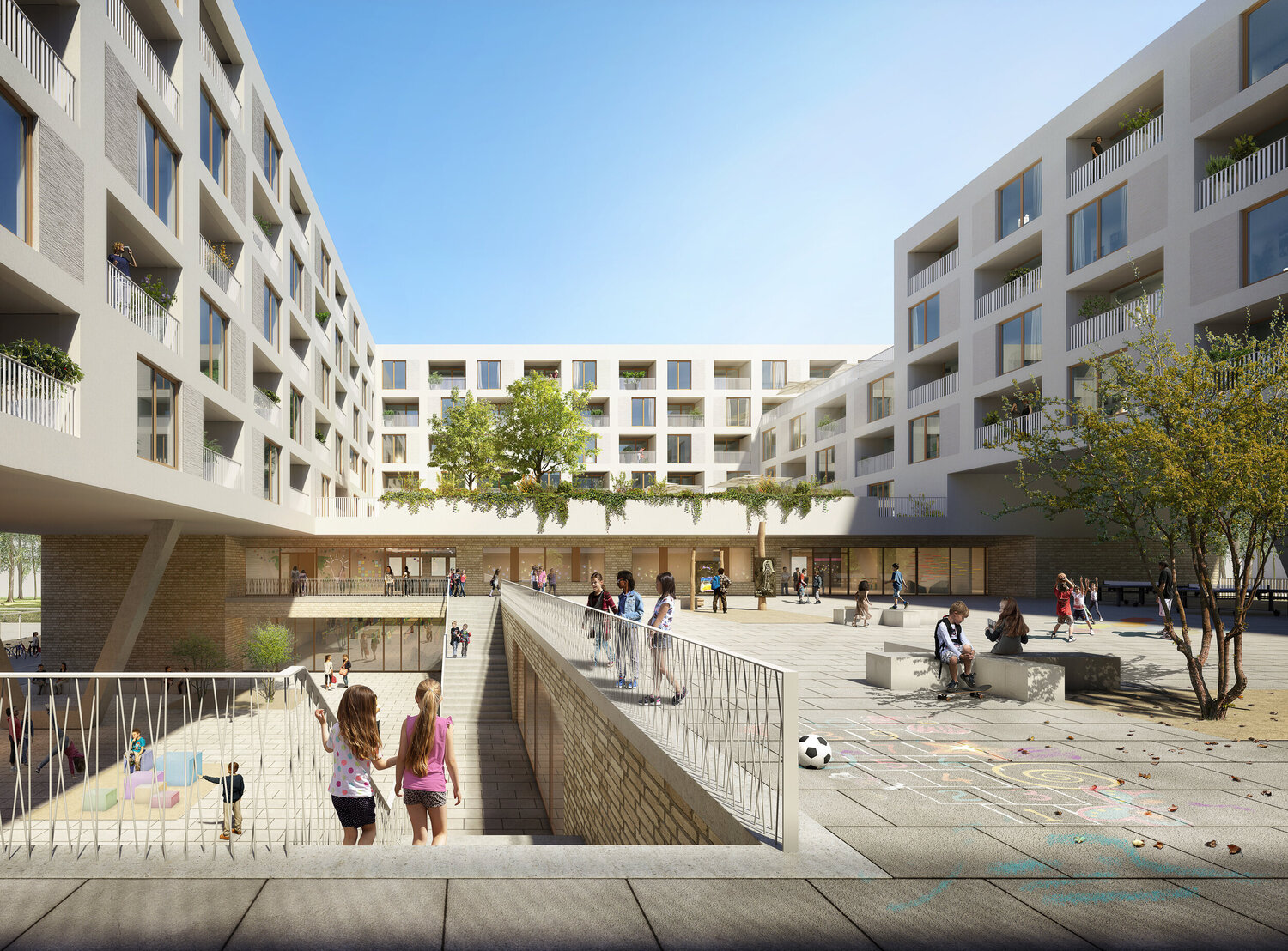 The roof of the gymnasium serves as a playground for the elementary school, © moka-studio