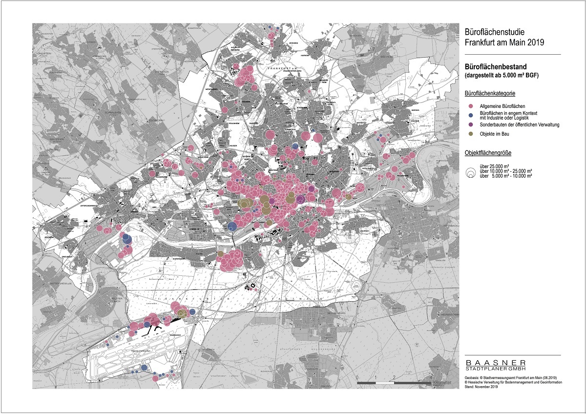 Study of office spaces in Frankfurt. Map showing existing office spaces © City of Frankfurt Planning Dept.