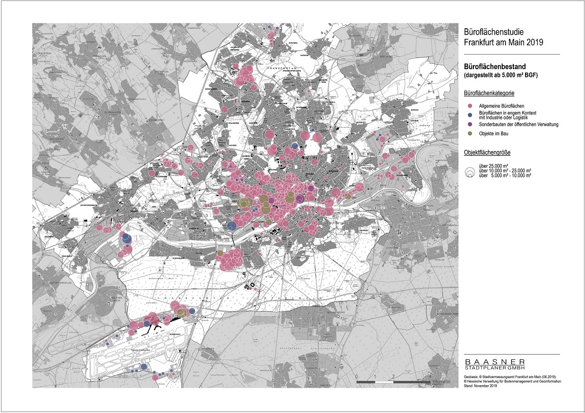 Büroflächenstudie Frankfurt am Main 2019 - Übersichtskarte Büroflächenbestand, © Stadtplanungsamt Stadt Frankfurt am Main