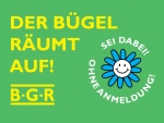 Bunter Schriftzug "Der Bügel räumt auf!" mit Aufruf zum Mitmachen ©Stadtplanungsamt Frankfurt am Main