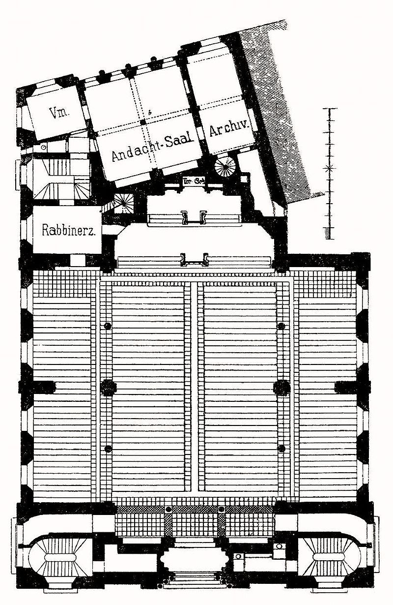 Grundriss der 1860 eingeweihten und zwischen 1938 - 1939 zerstörten ''Hauptsynagoge'' in ''Frankfurt am Main' © Baudenkmäler in der Stadt Frankfurt