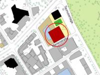 Der Lageplan zeigt einen möglichen Hochhausstandort (in rot dargestellt), © Stadtplanungsamt Stadt Frankfurt am Main 