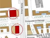 Der Lageplan zeigt die möglichen Hochhausstandorte (in rot dargestellt), © Stadtplanungsamt Stadt Frankfurt am Main