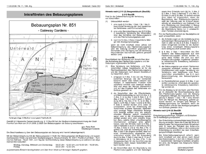 Customary announcement of the enactment in the official gazette, example: development plan no.851 "Gateway Gardens", official gazette no. 11, 11.03.2008, © Presse- und Informationsamt Frankfurt am Main